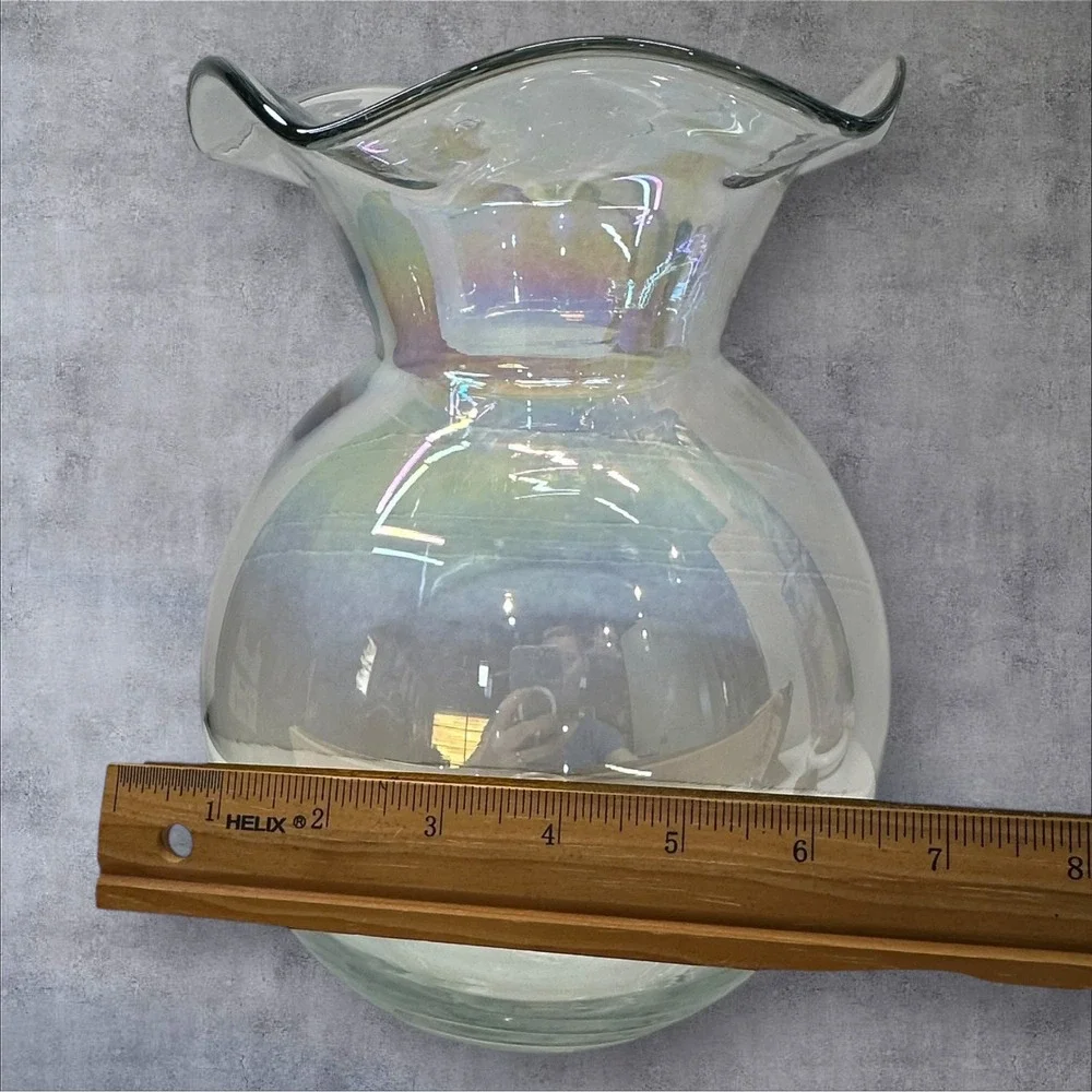 Iridescent Art Glass Vase Hand Blown Clear Wavy Rim Large Bulbous Form‎